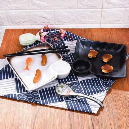 LMRLCS Ceramic Dumpling Plates Set of 2-7.4 Inch Divided Serving Trays with Sauce Compartment - Japanese Style Sushi Plates for Appetizers & Side Dishes, Microwave & Dishwasher Safe, Black & White