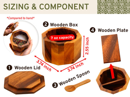 ARANYA Wooden Pepper and Salt Cellar with Lid and Spoon Set Keeper Two Compartments Spice Seasoning Wood 7oz. Container for Countertop Kitchen Storage Sea Salt Box Holder with Anti-Slip Feet Slip