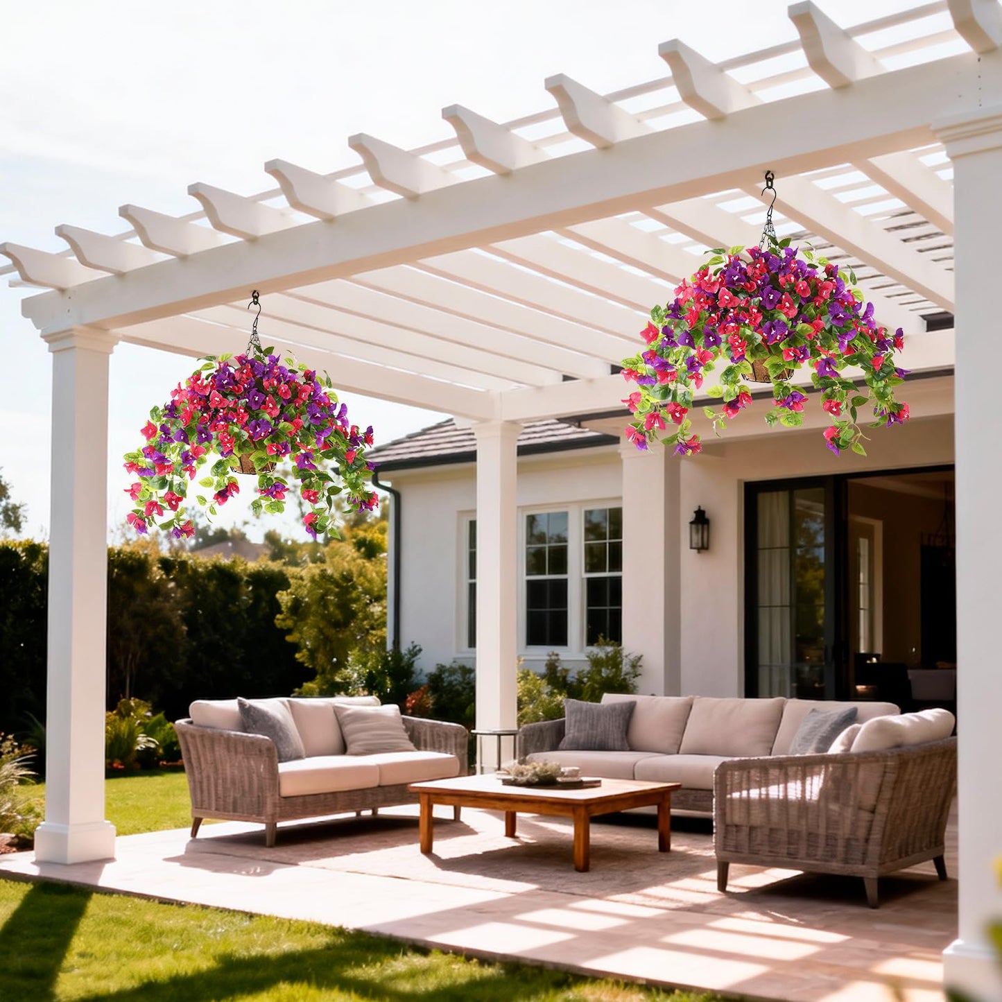 Homsunny Artificial Fake Hanging Flowers Plants Basket for Outdoor Decoration, Faux Silk Flower Bougainvillea Planter Look Real UV Resistant for Home Porch Patio Balcony Yard Spring Decor(Mix Pulple)