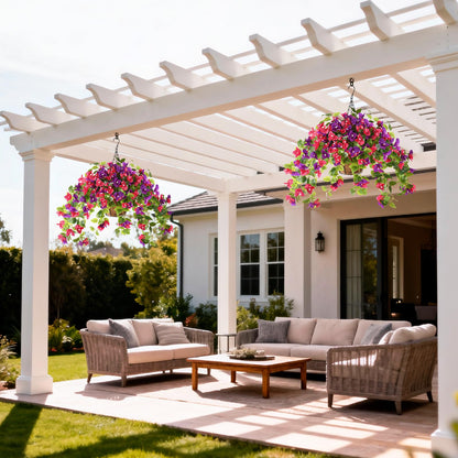 Homsunny Artificial Fake Hanging Flowers Plants Basket for Outdoor Decoration, Faux Silk Flower Bougainvillea Planter Look Real UV Resistant for Home Porch Patio Balcony Yard Spring Decor(Mix Pulple)