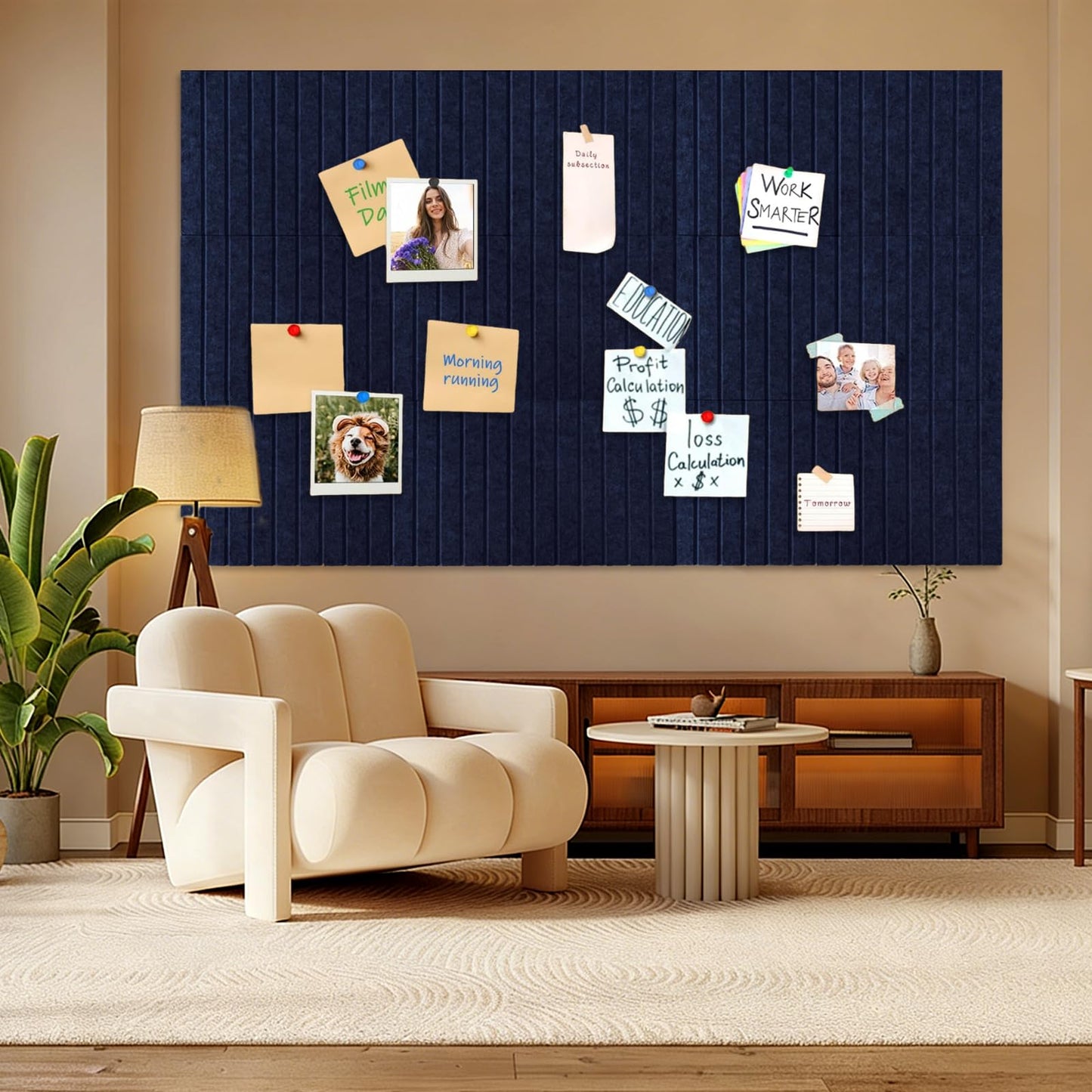 15 Pack Felt Bulletin Board, 35" x 59" Large Navy Blue Pinboard with 30 Push Pins, Felt Pin Board, Self-Adhesive Cork Board Tiles for Home, Office Walls, School Classroom Message Photos Display