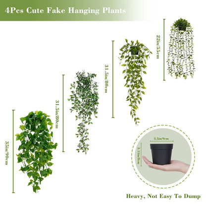 BLEUM CADE Fake Hanging Plants Mixed Set, 4pcs Artificial Hanging Plant, Faux Hanging Potted Plants Greenery for Wall Shelf Home Living Room Indoor Outdoor Decor