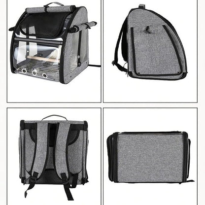 Bird Travel Cage Backpack - Portable Transparent Carrier with Standing Perch, Stainless Steel Mesh and Feeder Cups for Small Birds Like Parrot Parakeet(Grey)