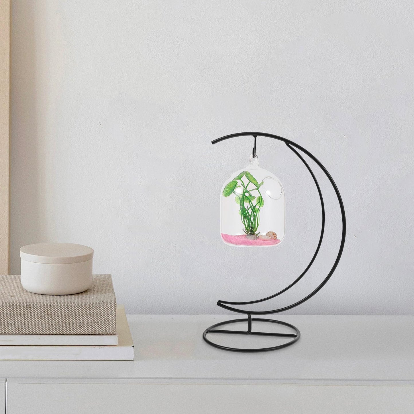 Luxshiny 2pcs Moon-shaped Hanging Hook Stand for Ornament Display and Indoor Terrarium Holder, Black Metal Hanging Rack for Air Plants, Glass Globe, and DIY Moss Micro Landscape Decor