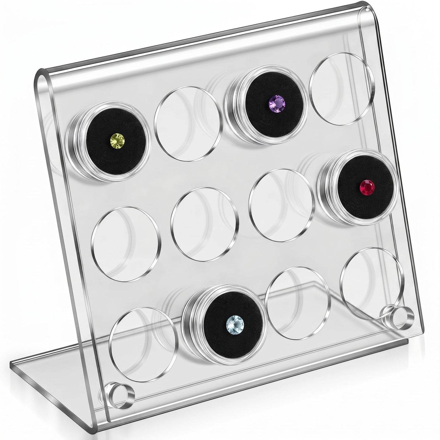 Yalikop Acrylic Gemstone Display Stand with 12 Clear Jars, Acrylic Easel Rack for Crystals, Stones, Rocks, Minerals, Jewelry Display, Clear Countertop Showcase Holder