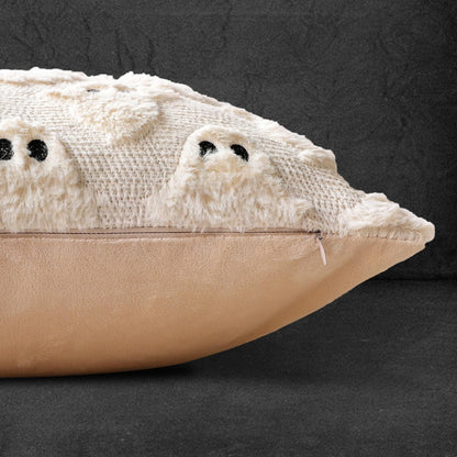 4TH Emotion Halloween Ghost Decorative Pillow Covers 18x18 Set of 2, Beige Soft Plush Faux Fur Farmhouse Throw Cushion Cases for Fall Holiday Home Decorations