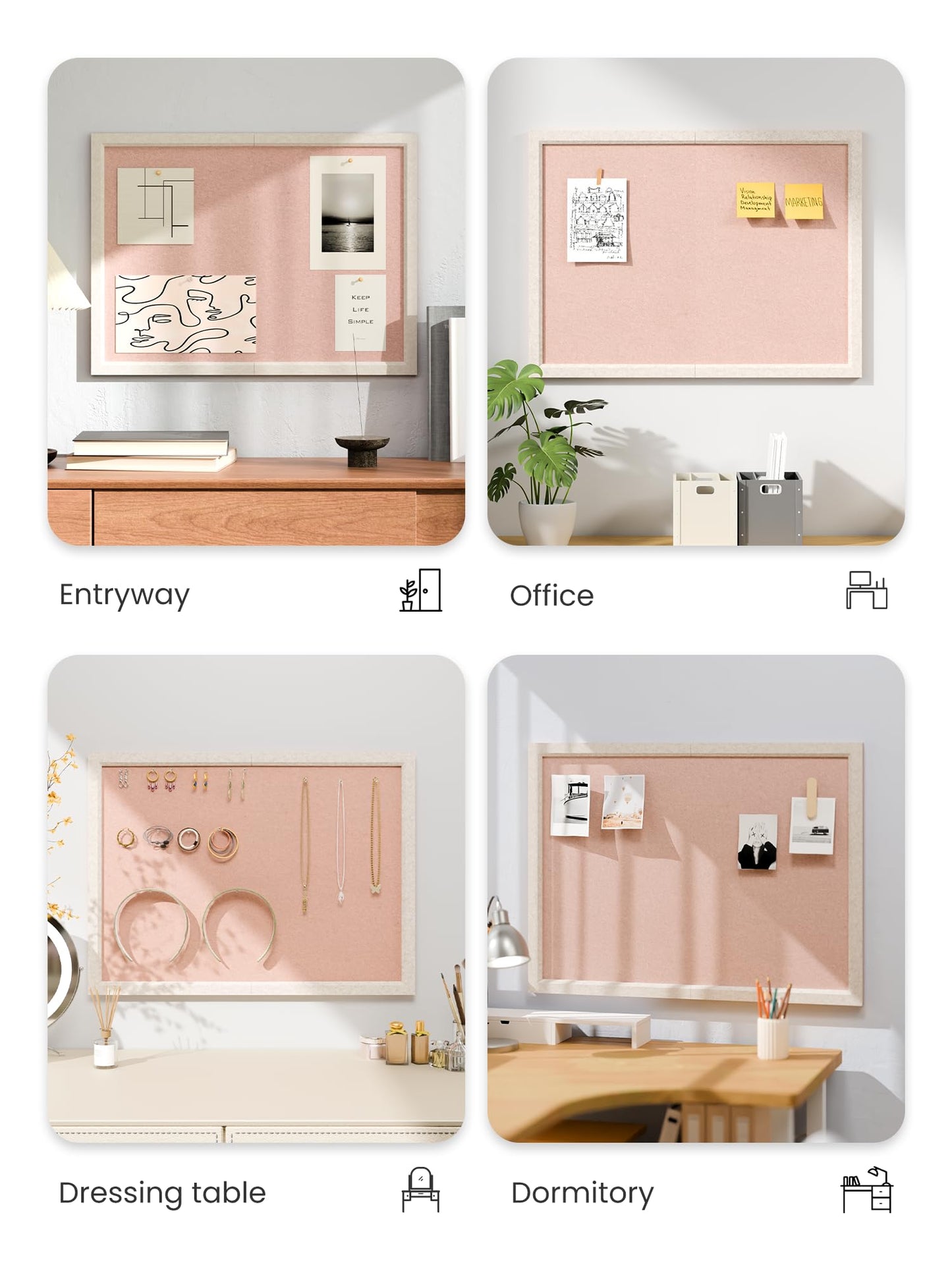 Fluxynara Foldable Cork Board Alternative, Felt Bulletin Board 23.6" x 17.5" Oatmeal Frame with 12 Adhesive Tabs, Pin Board for Home Office, Classroom, Entryway, Kitchen Wall Decor—Pink