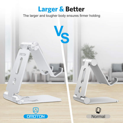 OMOTON Foldable Cell Phone Stand, C4 Portable Aluminum Phone Holder, Adjustable Phone Dock Cradle Compatible with iPhone 17/16/15 Pro Max Air, Samsung Galaxy, Small Tablets, All Smart Phones, Silver