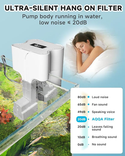 AQQA Hang On Aquarium Filter, Power Waterfall HOB Fish Tank Filter with Surface Skimmer, Adjustable Flow, Silent Multi-Stage Filtration for Freshwater & Saltwater, for Rimless Aquariums (12W 112GPH)