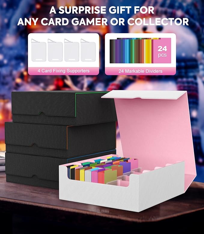 MoKo Trading Card Storage Box, 3000+ MTG Deck Box with 24 Colorful Dividers & 4 Card Supporters, Commander Card Deck Case Fits for Magic Game Cards, YugiOh, TCG, PTG and Sport Cards, White+Pink