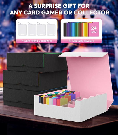 MoKo Trading Card Storage Box, 3000+ MTG Deck Box with 24 Colorful Dividers & 4 Card Supporters, Commander Card Deck Case Fits for Magic Game Cards, YugiOh, TCG, PTG and Sport Cards, White+Pink