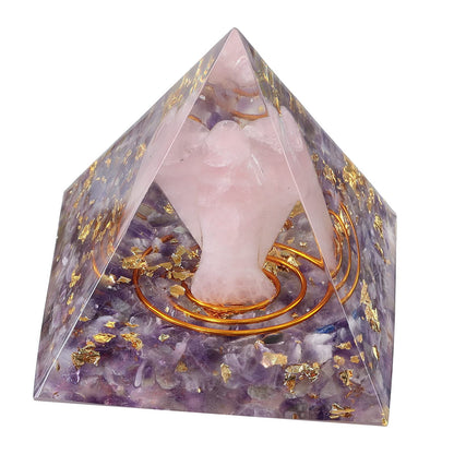 mookaitedecor Amethyst Crystal Orgone Pyramid with Rose Quartz Guardian Angel and Tumbled Stones Orgonite Energy Generator for Protection Reiki Home Decor