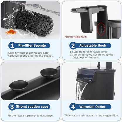 Turtle Tank Filter Aquarium Internal Filter for 3 to 20 Gallon Fish Tank, Bio-filtration Low Water Level Small Power Canister Filter, Frog Shrimp Newt Betta Water Clean, Hang On Back Waterfall Quiet