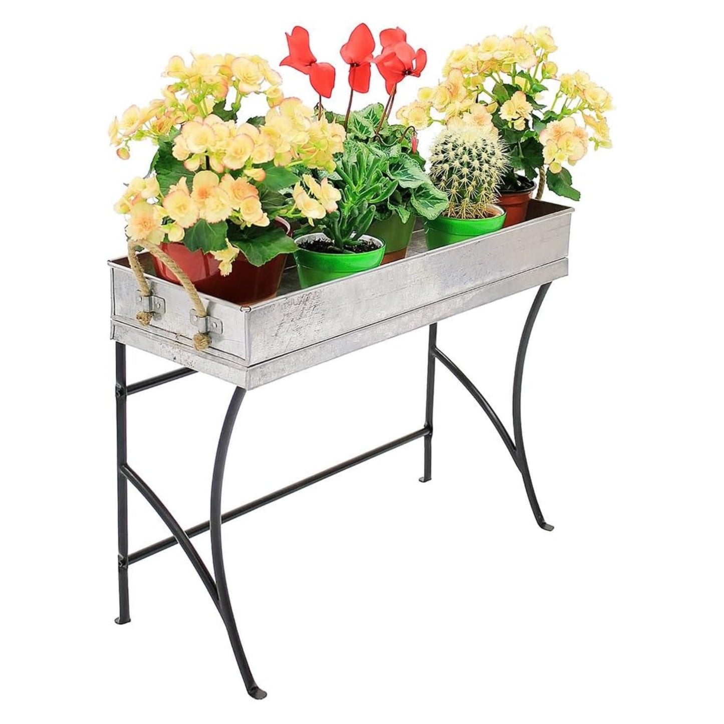 Oakestry Small Trestle Metal Windowsill Plant Stand Indoor Outdoor with Removable Tray Black and Galvanized Steel Compact Planter Display Riser for Home Garden Patio Decor Use Stable Rust Resistant