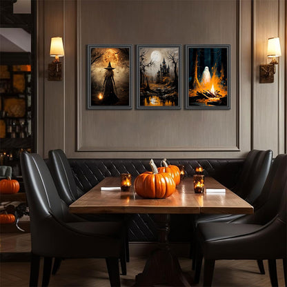 3pcs Halloween Canvas Wall Art Dark Academia Scary Witch Ghost Castle Posters Prints Thriller Horror Gothic Wall Decor Pictures for Halloween Party House Decoration Unframed