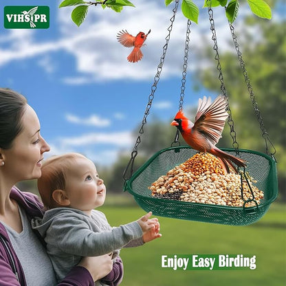 Hanging Bird Feeder for Outdoors – 11 in Square Metal Mesh Bird Feeder Tray Platform for Wild Birds, Green