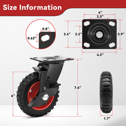 Nefish 6 Inch Heavy Duty Casters Wheels, Premium Rubber Outdoor Casters Wheels, Industrial Grade Rubber Castors with Knobby Tread for Dolly 1800 LBS, Industrial and Chicken Coop (2 Brake & 2 Rigid)