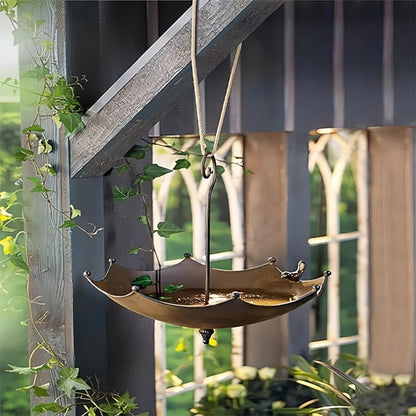 Hanging Bird Feeder Tray Bird Bath for Outdoors, Umbrella Shaped Wild Bird Feeders Tray for Bath, Hummingbird Feeder for Outside, Metal and Water Bowl, Garden Backyard Decor, Brown