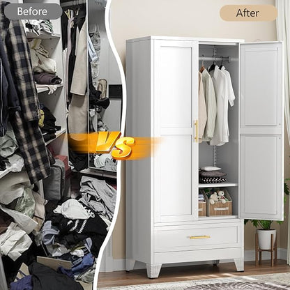 Metal Armoire Wardrobe Closet with Drawers,Storage Cabinet with Hanging Rod,71'' Metal Wardrobe Cabinet with 2 Doors and Adjustable Shelves for Bedroom, Laundry Room, Cloak Room