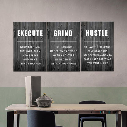 Motivational Wall Art Execute Grind Hustle Inspirational Poster 3 Pieces Canvas Prints Artwork for Living Room Modern Home Decor Painting Pictures Stretched and Framed Ready to Hang [48''Wx 24''H]