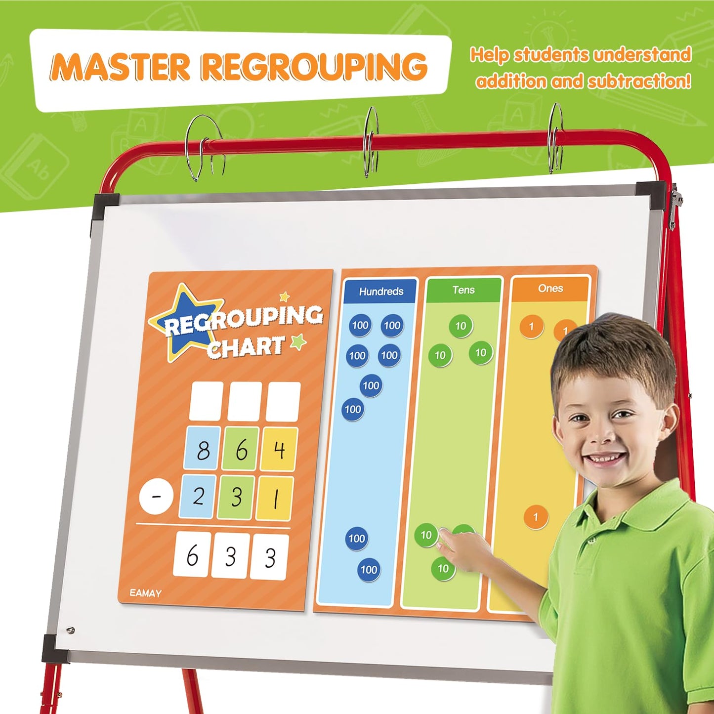 EAMAY Regrouping Base Ten Place Value Manipulatives, Addition and Subtraction Math Manipulatives for 1st 2nd 3rd Grade Classroom Must Haves! Kit with Magnetic Dry Erase Board and Magnetic Chips.