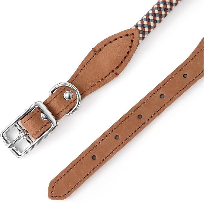 Mile High Life Genuine Leather Dog Collar, Durable Braided Cotton Rope Collar with Metal Pin Buckle for Small Medium Large Dogs (Brown Plaid, L Neck 17"-21")
