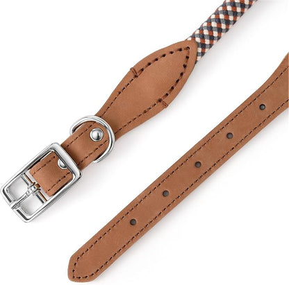 Mile High Life Genuine Leather Dog Collar, Durable Braided Cotton Rope Collar with Metal Pin Buckle for Small Medium Large Dogs (Brown Plaid, L Neck 17"-21")