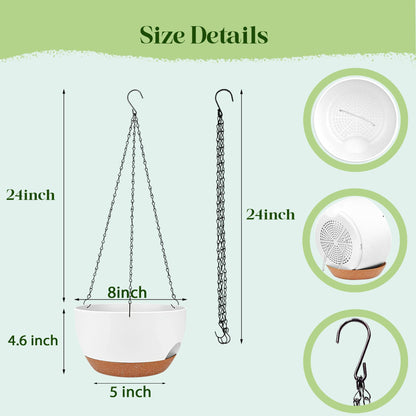 zople Set of 2-8 Inch Self Watering Hanging Planters for Indoor Outdoor，Hanging Plant Pots with Drainage & Removable Tray, Hanging Pots Holder for Ivy, Pothos, Ferns, Balcony & Patio, White Brown
