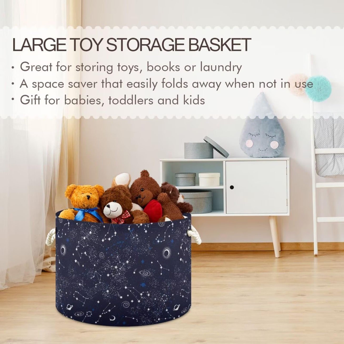Constellation Print Round Storage Basket Stars Moon Planet 20 x 20 x 14 Inches Laundry Hamper Space Galaxy Universe Large Organizer Bin Clothes Storage Bag for Nursery Bedroom Living Room Decor