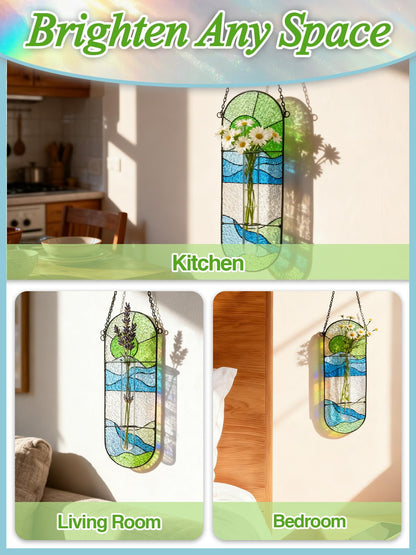 Stained Glass Plant Propagation Stations - Handmade Sunshine Catcher Hydroponic Planter Window Hanging with Glass Tubes, Terrarium Decor Gifts for Women Mom Plant Lovers, Green
