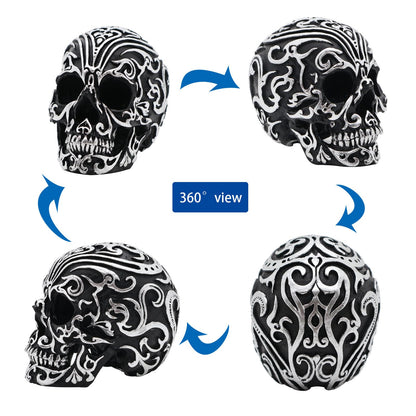 Kreovaor Gothic Skull Head Home Decor - 5.2 Inch Gothic Skeleton Skull Decor with Silver Patterns, Halloween Skull Decoration for Home, Office Desk, and Spooky Party Decor