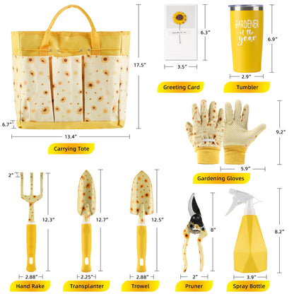 Garden Tool Set with Sunflower Print, Heavy Duty Gardening Hand Tools with Garden Tool Bag,Gardening Gifts for Women&Men,Yellow