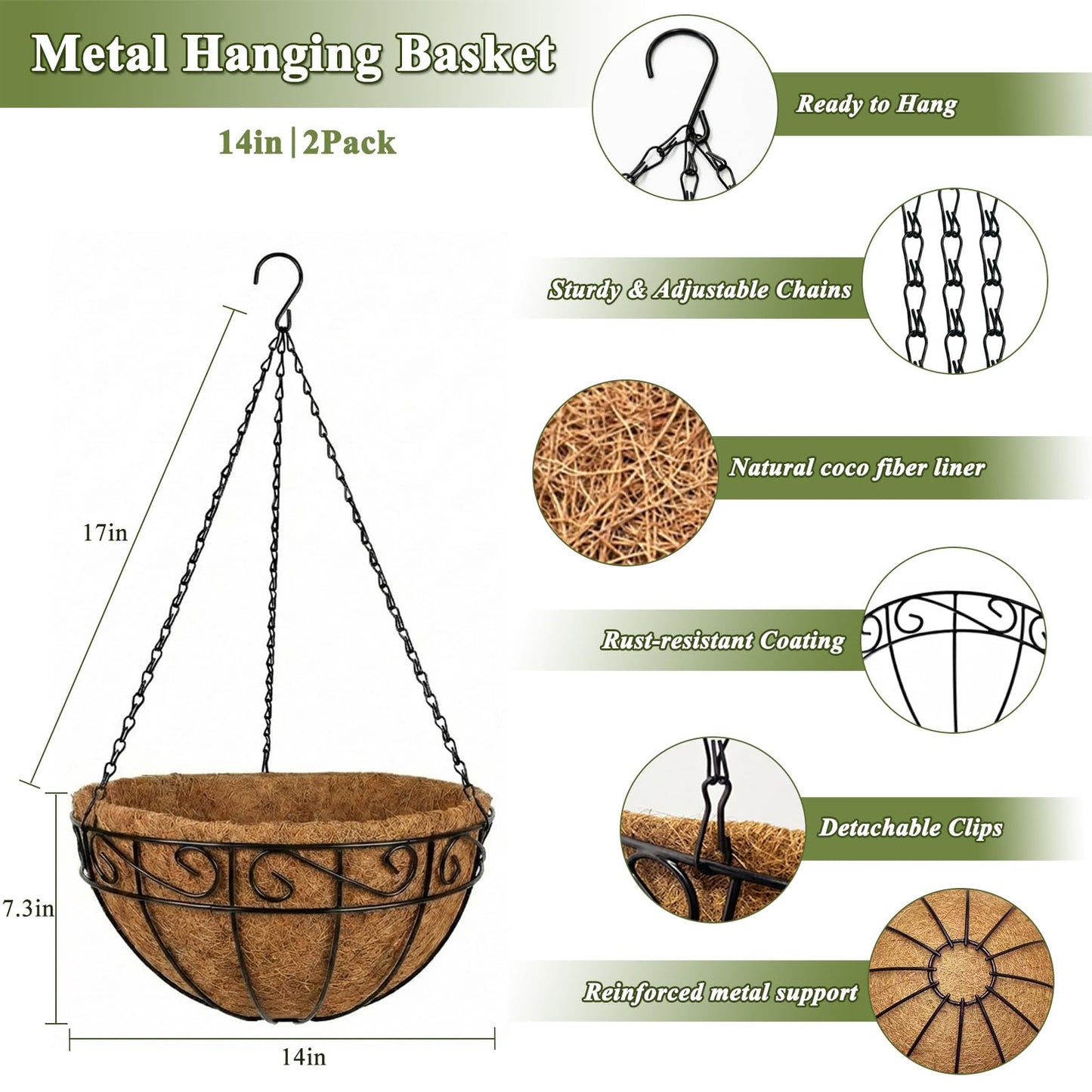 HZXXJCO 2 Pack Hanging Baskets for Plants Outdoor 14 Inch Metal Hanging Planters with Coco Coir Liner, Round Hanging Flower Pots for Home Garden Patio Balcony Porch