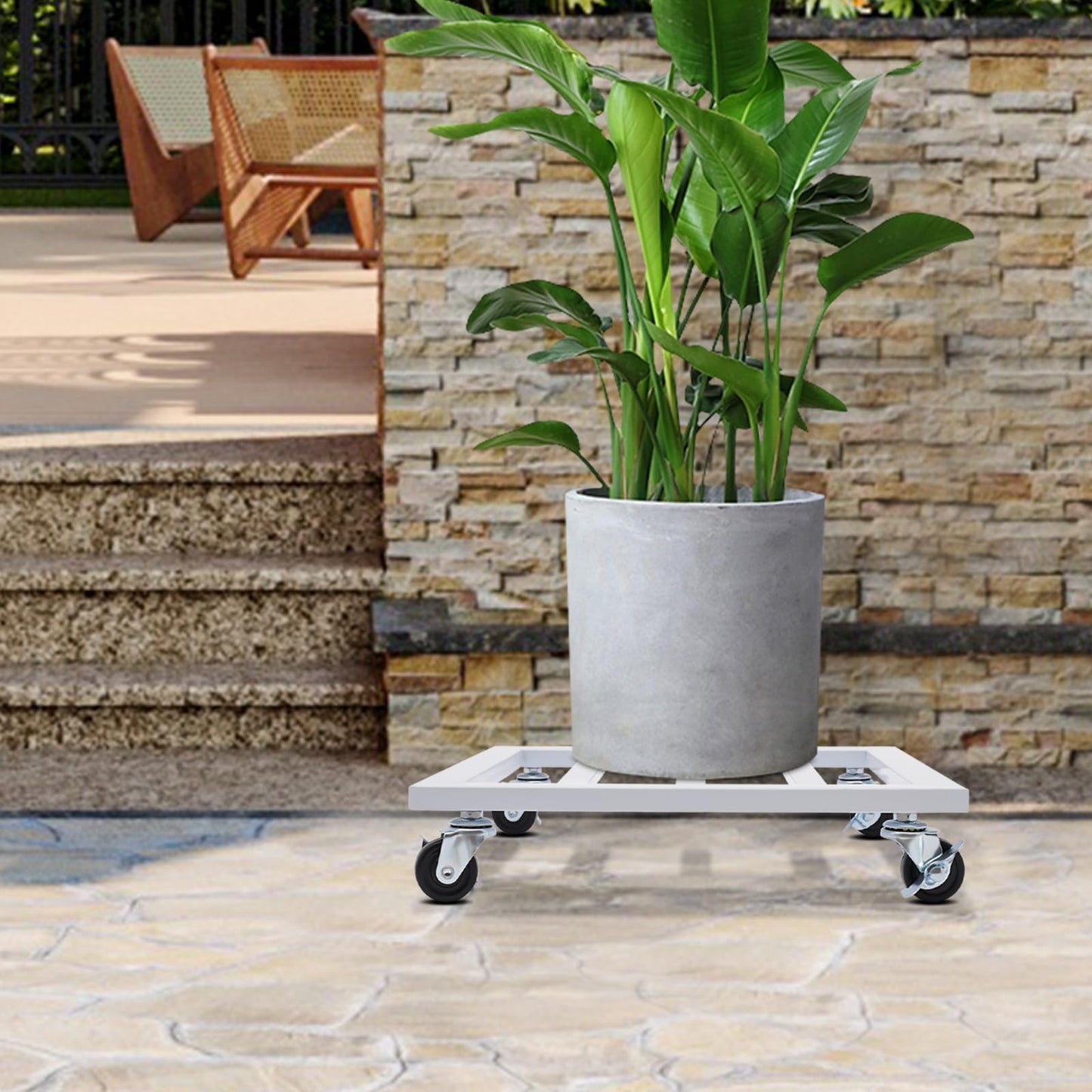 Plant Caddy with Wheels Plant Caddy with Lockable Caster Metal Square Planter Dolly Holds up 150 Lbs Strong Plant Stand for Indoor, Outdoor (White (14 inch))