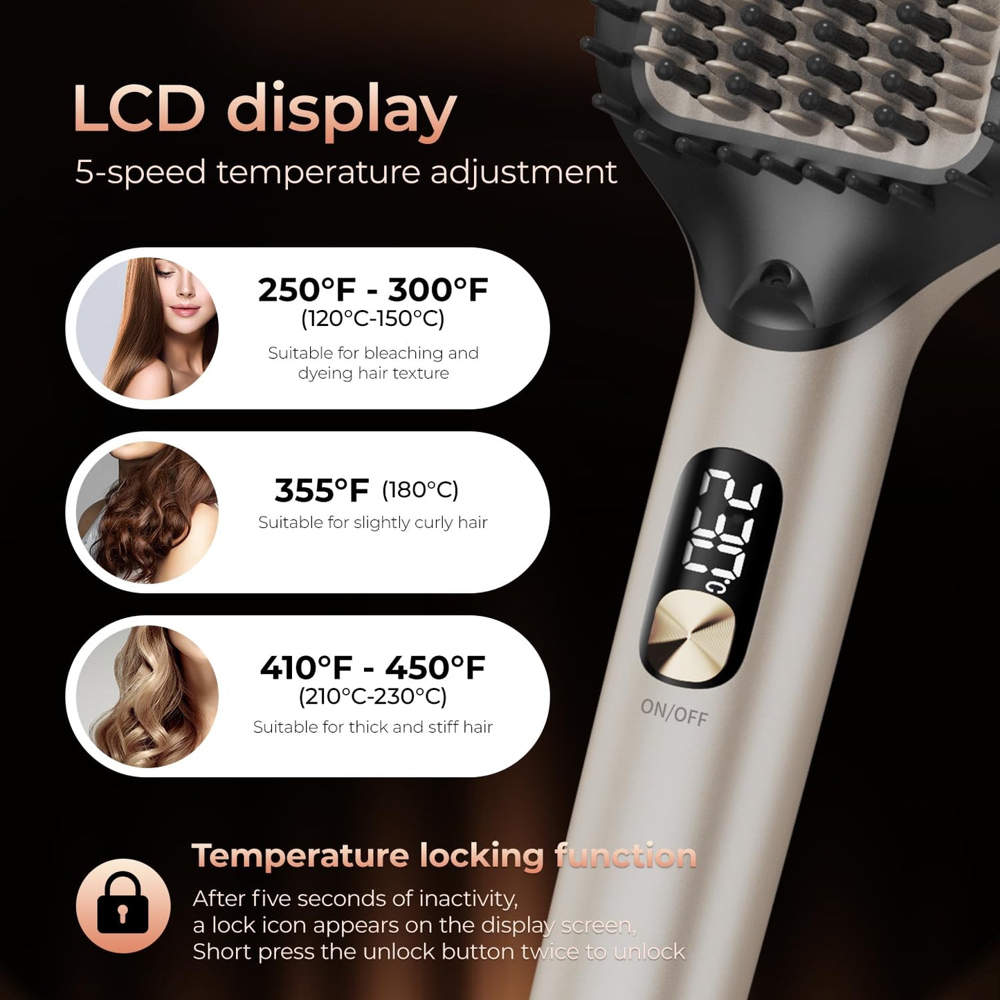 PRITECH Hair Straightening Brush Ionic 250-450°F Fasting Heating Anti-Scald & Auto-Off, Wide Plates Flat Iron Comb Teeth Dual-Voltage Straightener Hot Brush Ionizer Anti-Frizz (Black)