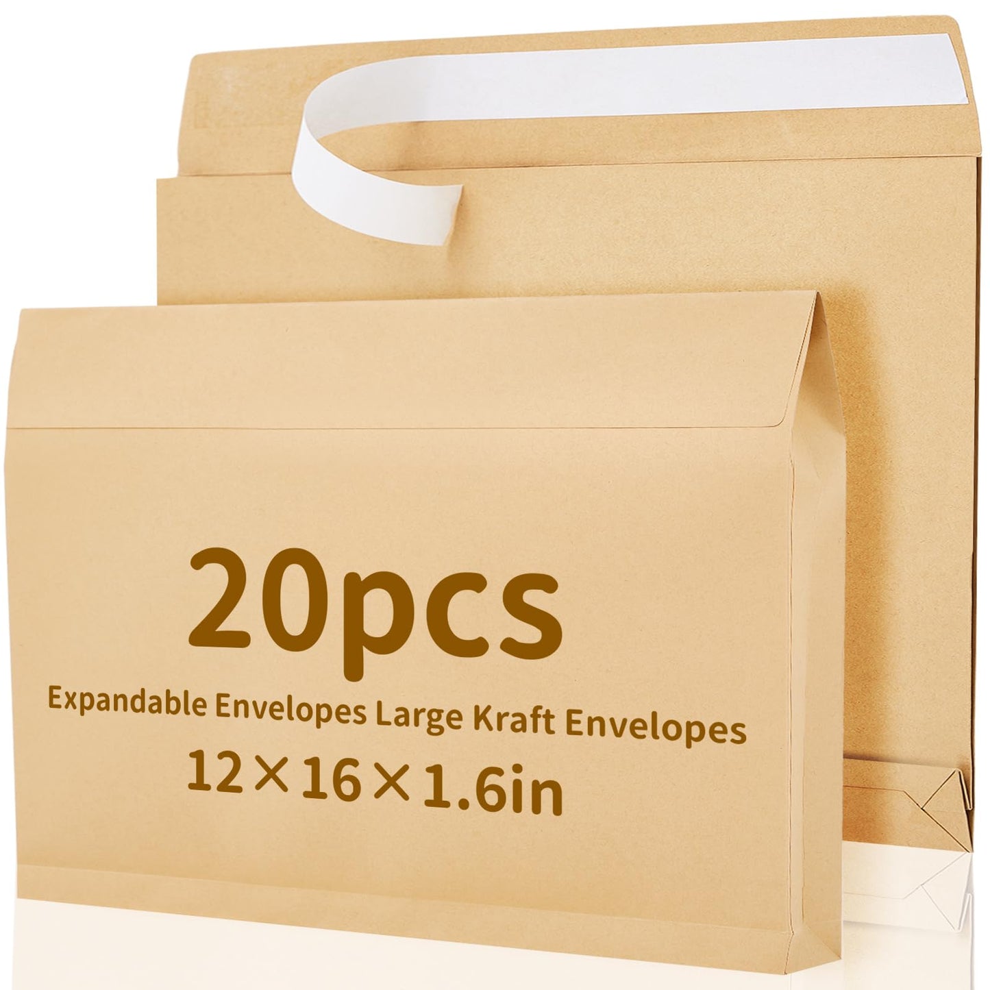 Fullhawl 20 Pcs 12 x 16 x 1.6 Inch Large Expandable Catalog Envelopes Manilla Kraft Peel and Seal Envelopes Light Brown Large Mailing for Office Home Documents Magazines Photos Storage Organizing