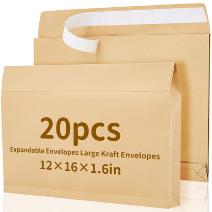 Fullhawl 20 Pcs 12 x 16 x 1.6 Inch Large Expandable Catalog Envelopes Manilla Kraft Peel and Seal Envelopes Light Brown Large Mailing for Office Home Documents Magazines Photos Storage Organizing