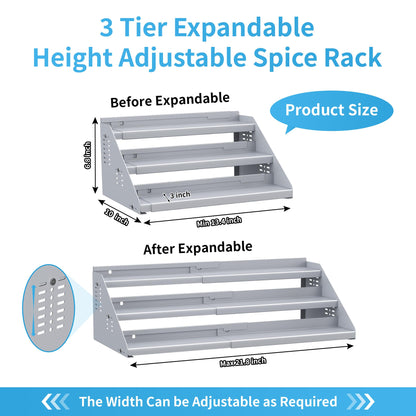 BOIVSHI Spice Rack Organizer, Metal Spice Rack Organizer for Cabinet, Countertop Spice Rack - Expandable Width, 3 Tier Spice Shelf for Cabinet, Countertop, Pantry, Cupboard, Gray