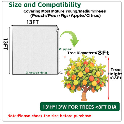 13x13Ft Extra Large Fruit Tree Netting Cover with Zipper & Drawstring, Garden Mesh Netting for Protecting Plants from Birds,Squirrels &Bug,Ultra Fine Weather Resistant Tree Netting