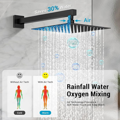 10" Rain Shower Faucet Set with Tub Spout, Matte Black | Anti-scald cartridge, air tech boosts pressure 50%, 3-func diverter, NPT 1/2