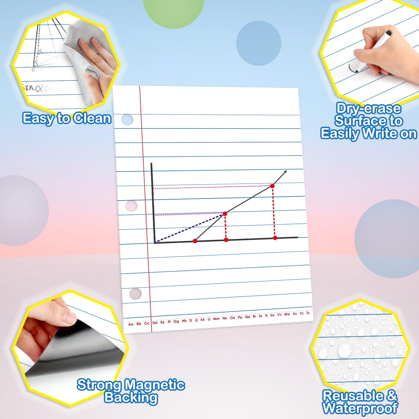 Aizweb Giant Magnetic Lined Notebook Paper,2 Dry Erase Sheets,Total Area 17" x 21.5",Handwriting Practice for Classroom Whiteboard,Chart Paper Teacher Must Have Homeschool Teaching Supplies