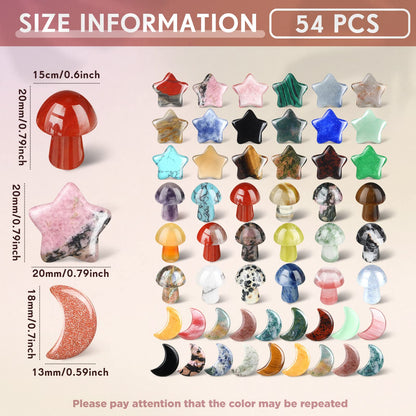 Nuenen 54 Pieces Worry Stones Mushroom Moon Star Shaped Crystal Bulks Mini Thumb Stones Sculpture Decor Gemstones and Crystals for Witchcraft DIY Meditation Balancing(Elegant Style)