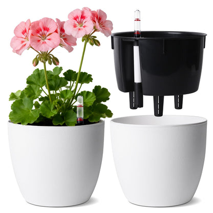 T4U Self Watering Pots for Indoor Plants, 7 Inch Self Watering Planters with Water Level Indicator, Bottom Watering African Violet Pots for Beginners & Busy Plant Owners, BPA-Free (2 Pack, White)