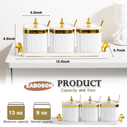 EABOSON 3 Pack Gold Condiment Spice Jars with Lids, Spoons, Tray - Plastic Seasoning Box Set for Salt, Pepper, Sugar - Kitchen Storage