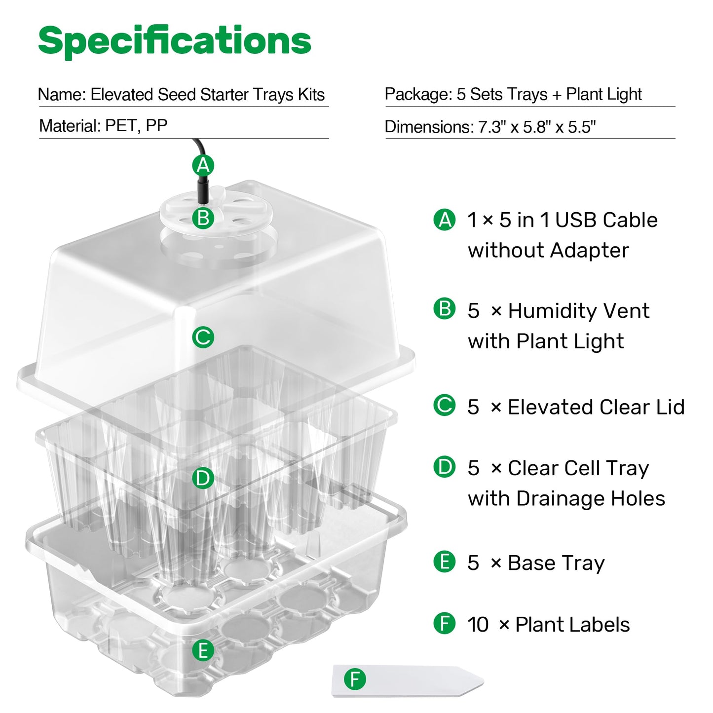 The Bundle of Bonviee 5 Packs Seed Starter Tray with Grow Light and 36 Packs Variety Sizes Clear Nursery Pots