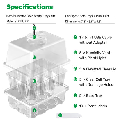 The Bundle of Bonviee 5 Packs Seed Starter Tray with Grow Light and 36 Packs Variety Sizes Clear Nursery Pots