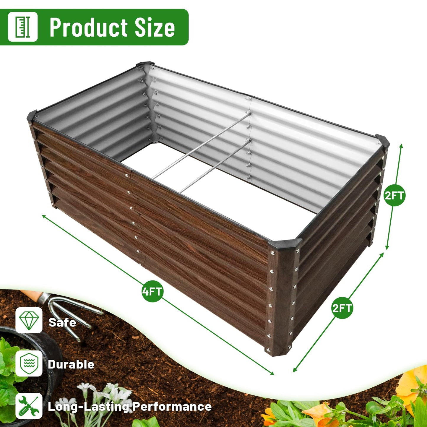 SnugNiture 2-Pack 4x2x2FT Galvanized Raised Garden Bed Kit, Metal Planter Box for Planting Plants Vegetables, Brown
