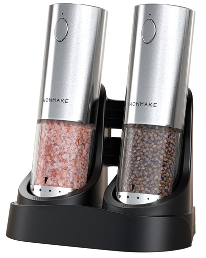 Electric Salt and Pepper Grinder Set - Automatic Refillable Salt and Pepper Grinders with Charging Base & LED Light, 6-Level Adjustable Coarseness with External Dial, Ideal Kitchen Gadget，Silver