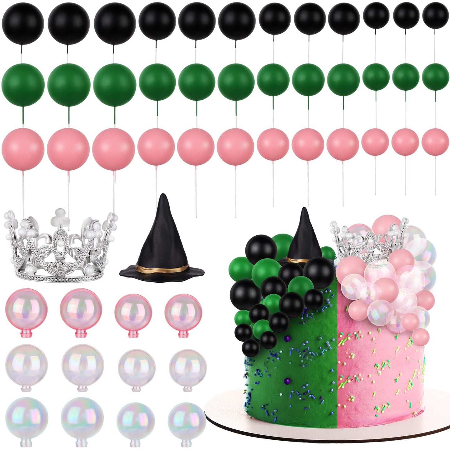 50 Pcs Witch Theme Party Supplies Balloons Cake Topper Black Green Pink Mini Balloons, Silver Plastic Crown and Black Women Witch Hat Fantasy Cake Decoration Balls for Birthday Cake Decoration