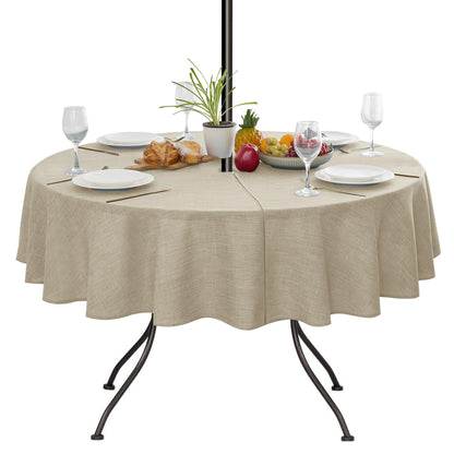 Outdoor Tablecloth with Umbrella Hole - Patio Table Cloth Zippered Round 60 Inch, Linen-Look Polyester Table Cover Water Resistant for Picnic Outside, Natural Color